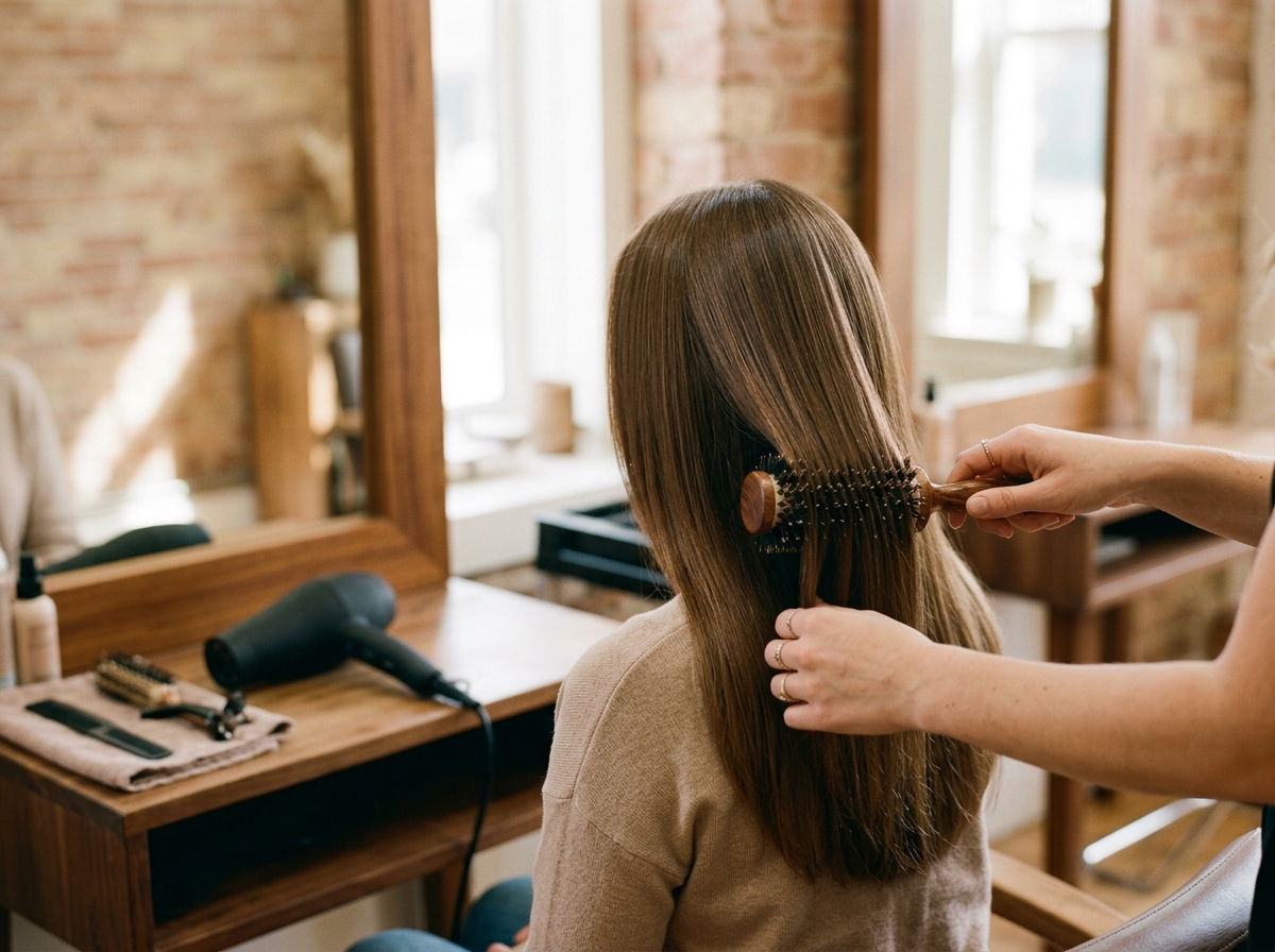 Customer holding a round brush in her long brown hair, the hairdresser's hand guiding her wrist to show the technique for blow-drying