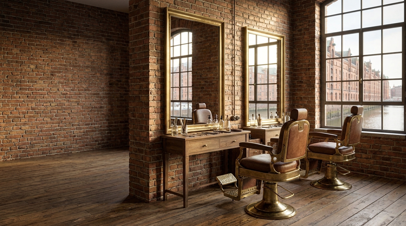 Friseursalon mit zwei Stühlen vor Spiegeln, Backsteinwand und Sprossenfenstern mit Blick auf ein Hamburger Fleet