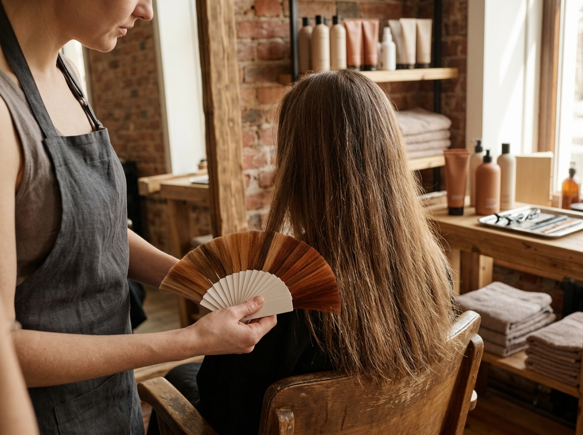 A hairdresser holds colour sample strands ranging from caramel to copper against a customer's dry long hair, view from behind next to a wood-framed mirror