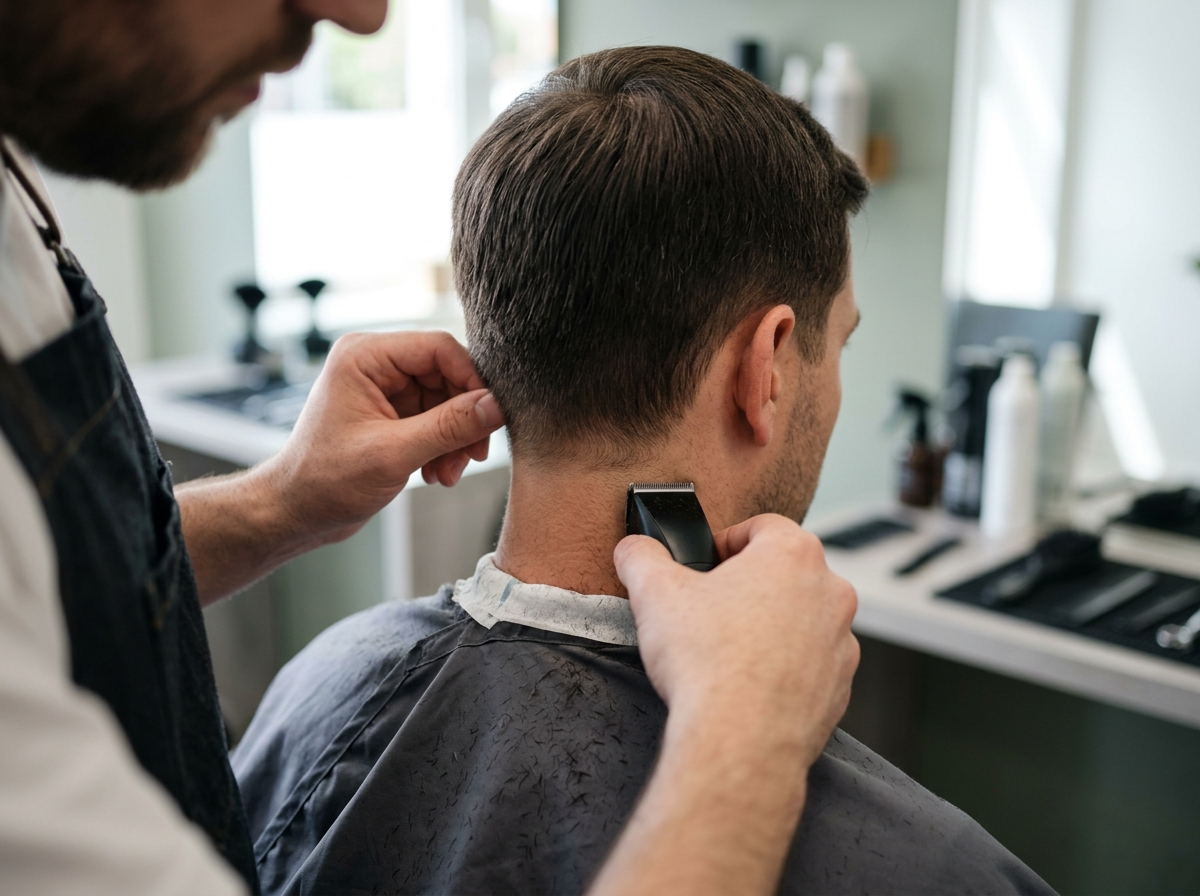 A hairdresser sets the neck contour of a men's cut with a small trimmer, the other hand folding the ear slightly forward