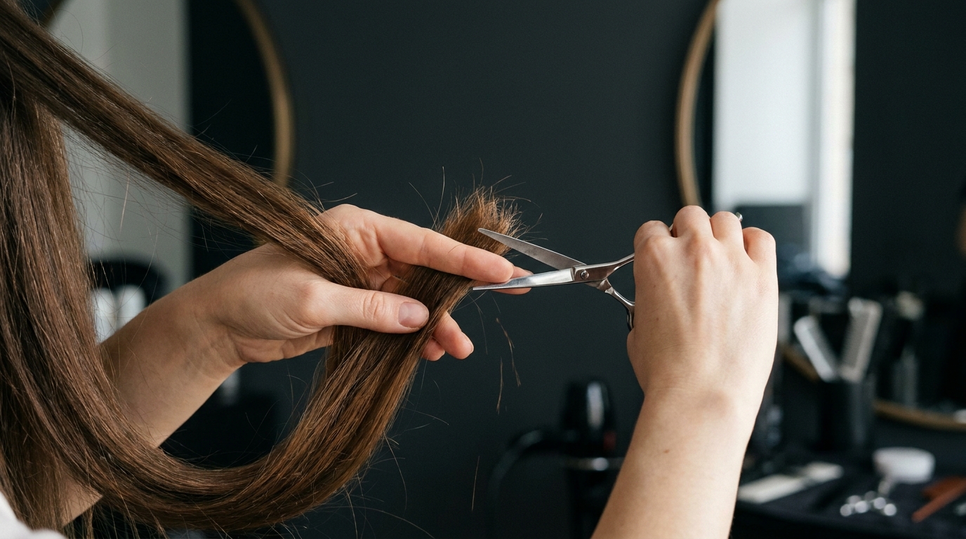 Hände einer Friseurin spannen eine Haarsträhne zwischen den Fingern und schneiden die Spitzen mit einer Haarschere