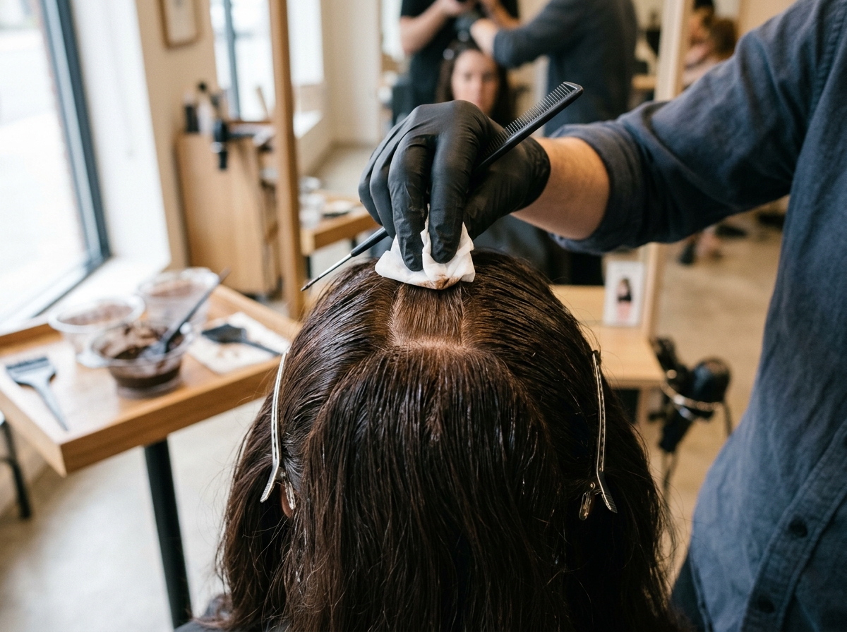 Eine Friseurin hebt mit dem Kammstiel eine Partie an der Schläfe an und prüft an einer Teststelle, ob die Farbe das graue Haar abdeckt