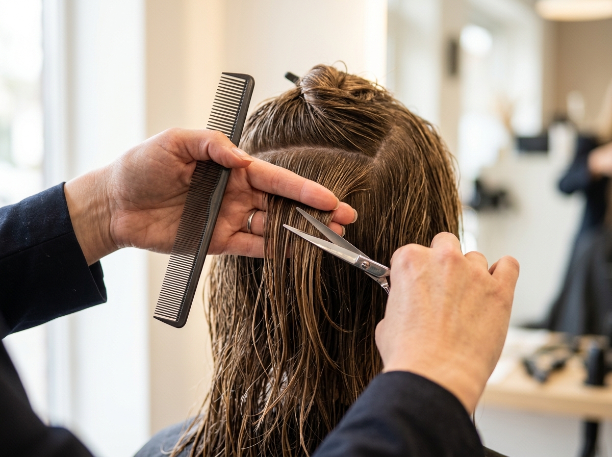 Hände einer Friseurin trennen mit Kamm und Schere eine Strähne am Hinterkopf ab, das übrige Haar ist in Sektionen hochgesteckt
