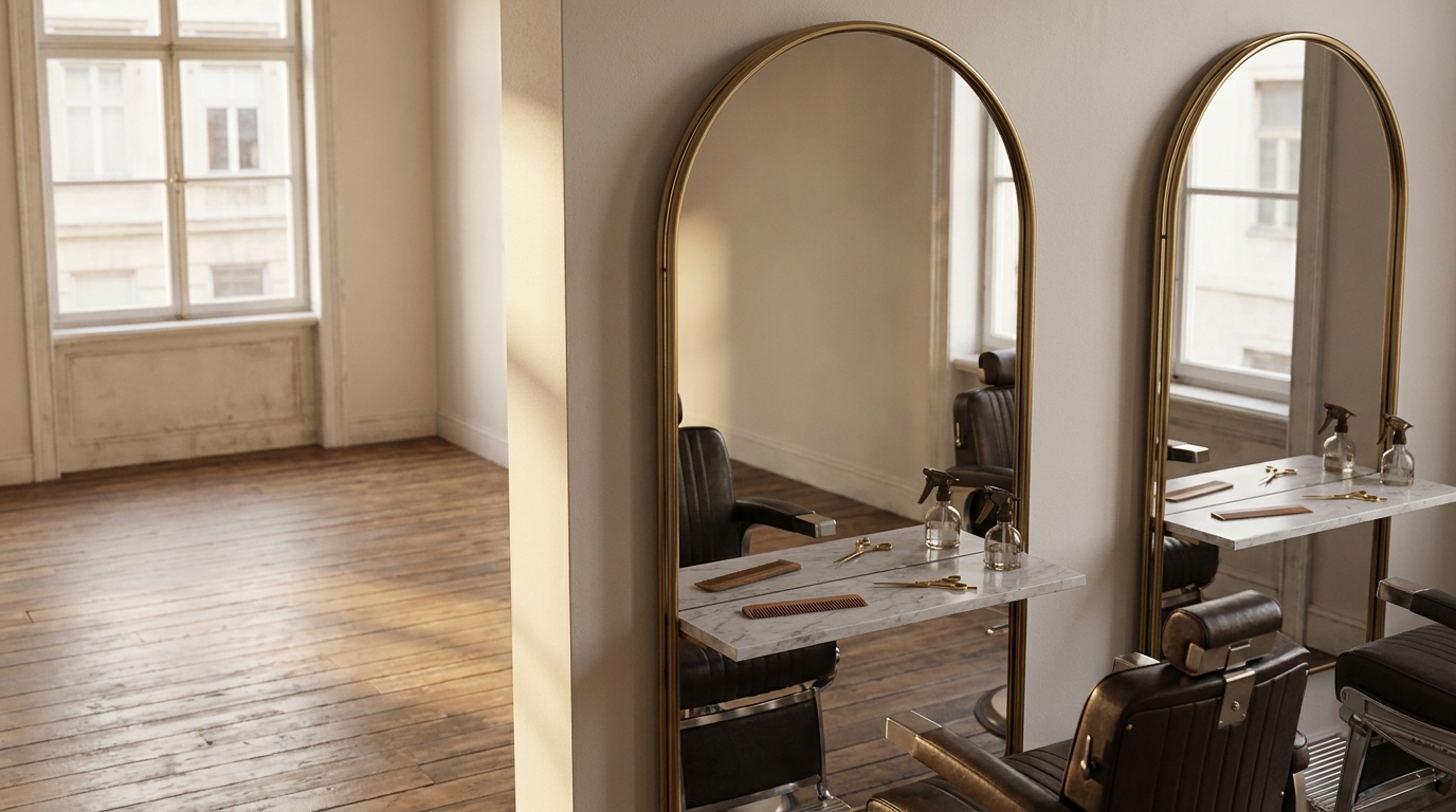 Styling stations with mirrors, a marble counter and a leather chair in a hair salon, warm daylight coming through a period window