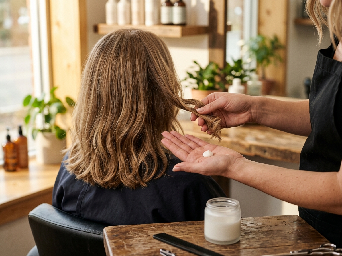 Kundin von hinten mit frisch gestyltem, weich gewelltem honigblondem Haar, daneben die Hand der Friseurin mit etwas Stylingcreme vor dem Einarbeiten
