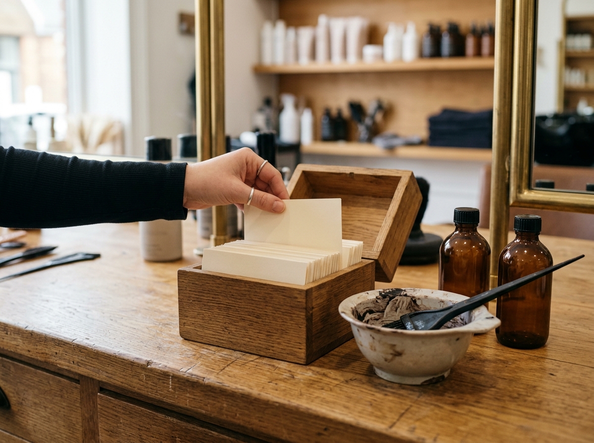 Eine Hand steckt eine Karteikarte in einen Holzkasten mit Kundenkarten, daneben eine Farbschale mit Pinsel und zwei Pflegeflaschen auf einer Holztheke