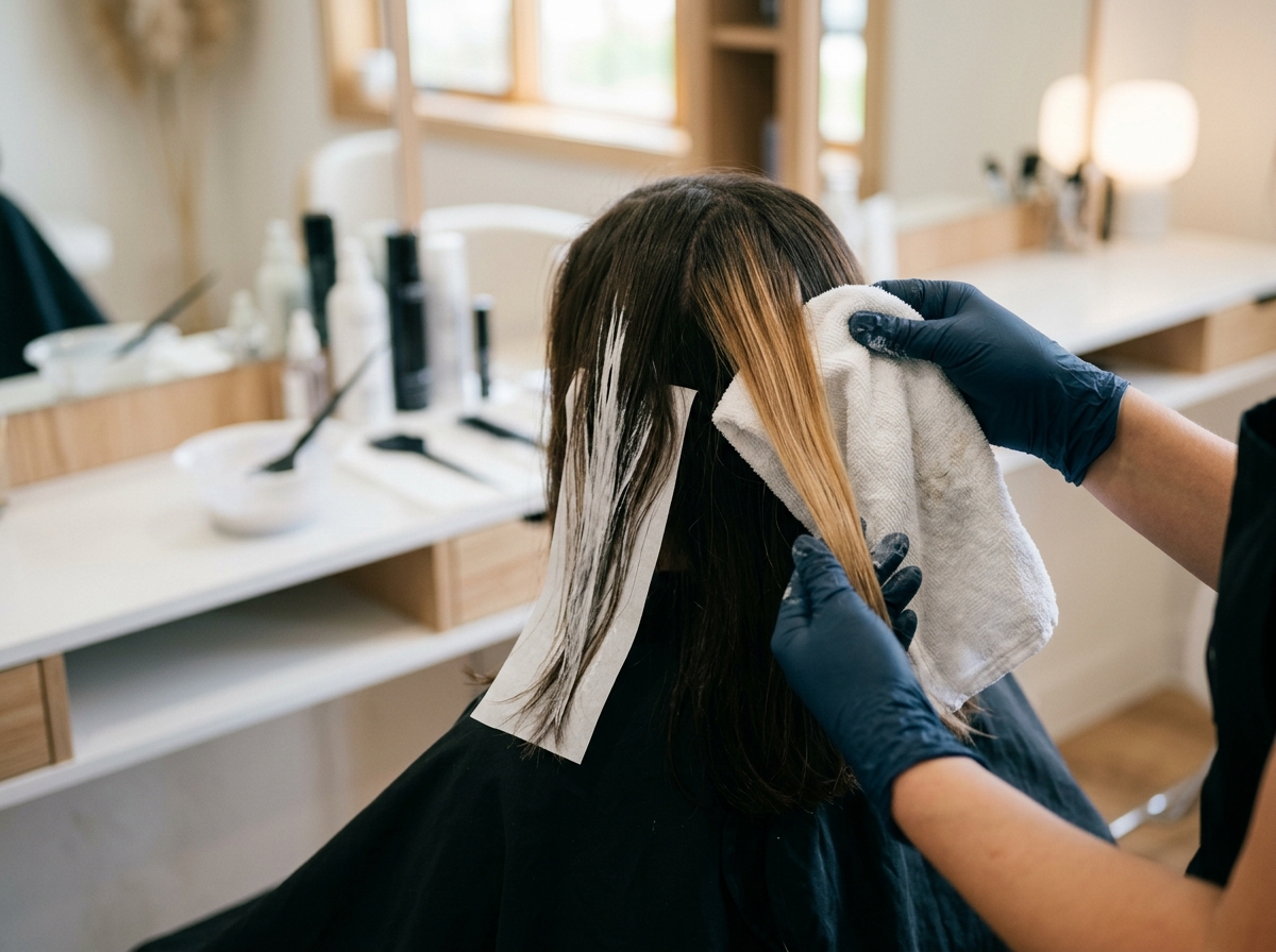 Hände wischen die Aufhellung von einer bemalten Balayage-Strähne ab und prüfen die erreichte Helligkeit, die übrigen Partien liegen offen auf Papierstreifen