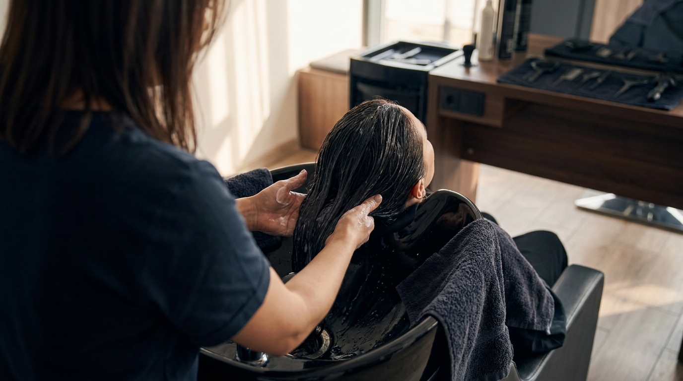Hände einer Friseurin verteilen Pflege in nassem Haar über einem schwarzen Waschbecken im Salon