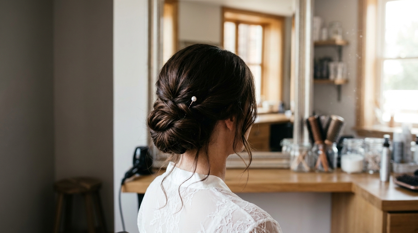 Tief sitzender, locker gedrehter Chignon einer Braut mit feiner Perlennadel, aufgenommen im Salon vor einem Spiegel