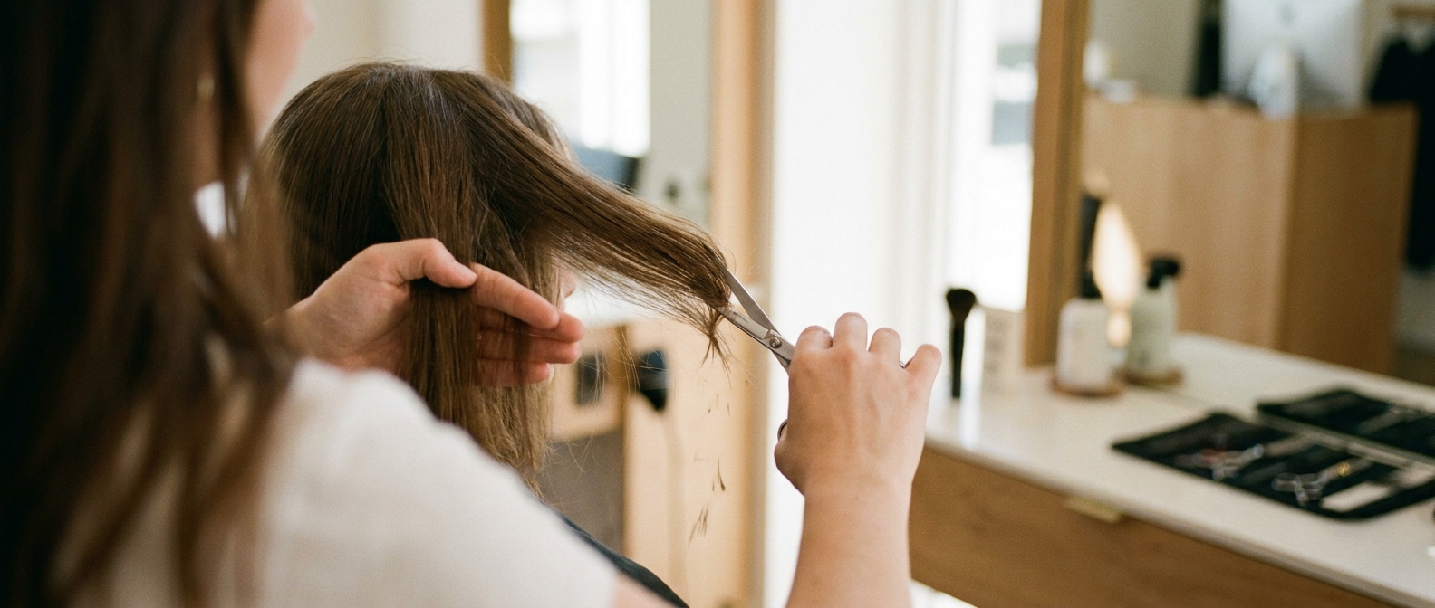 Hände halten eine Haarsträhne, während eine Schere die Spitzen schneidet