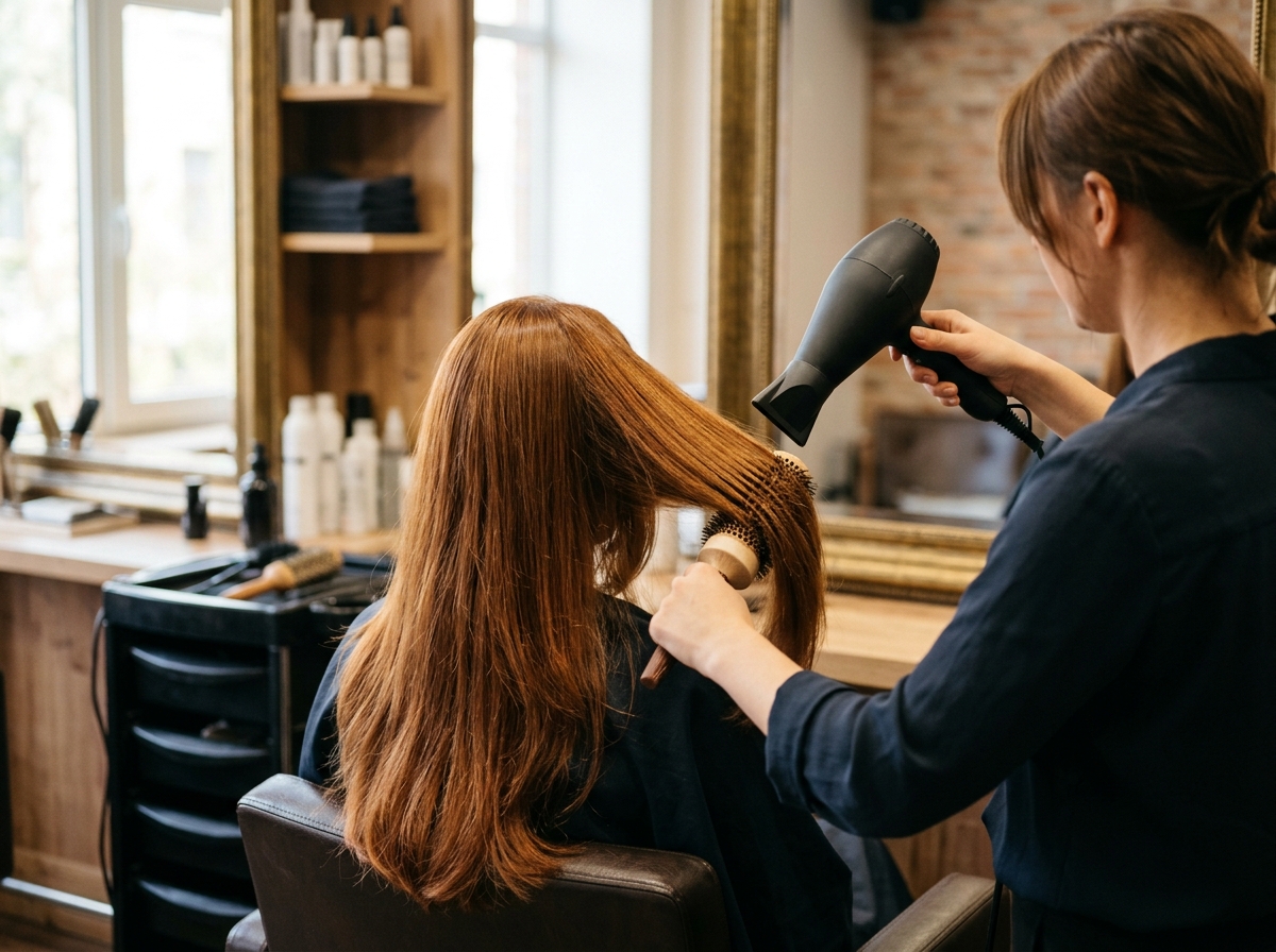 Eine Friseurin föhnt das lange kupferbraune Haar einer Kundin mit einer Rundbürste glatt, Blick von hinten in einem warm eingerichteten Salon