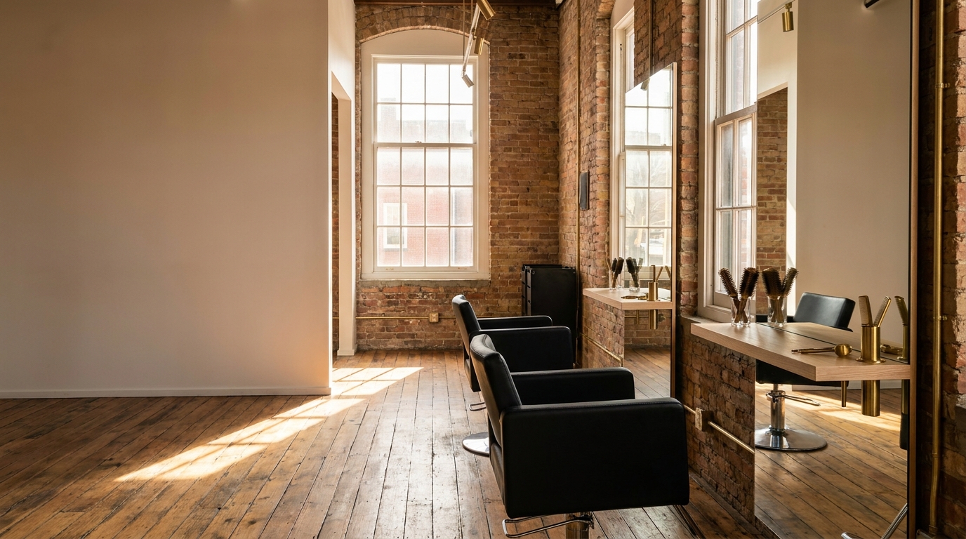 Hair salon with two styling stations in front of large mirrors, wooden shelves and warm light through a tall mullioned window