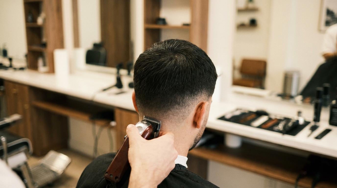 Hair clipper refining the neck contour of a short men's haircut, view from behind onto the back of the head