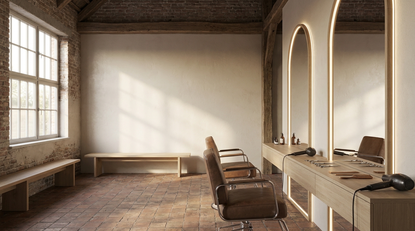 Friseursalon mit zwei Frisierstühlen vor beleuchteten Spiegeln und Holzarbeitsfläche, Tageslicht durch ein Sprossenfenster