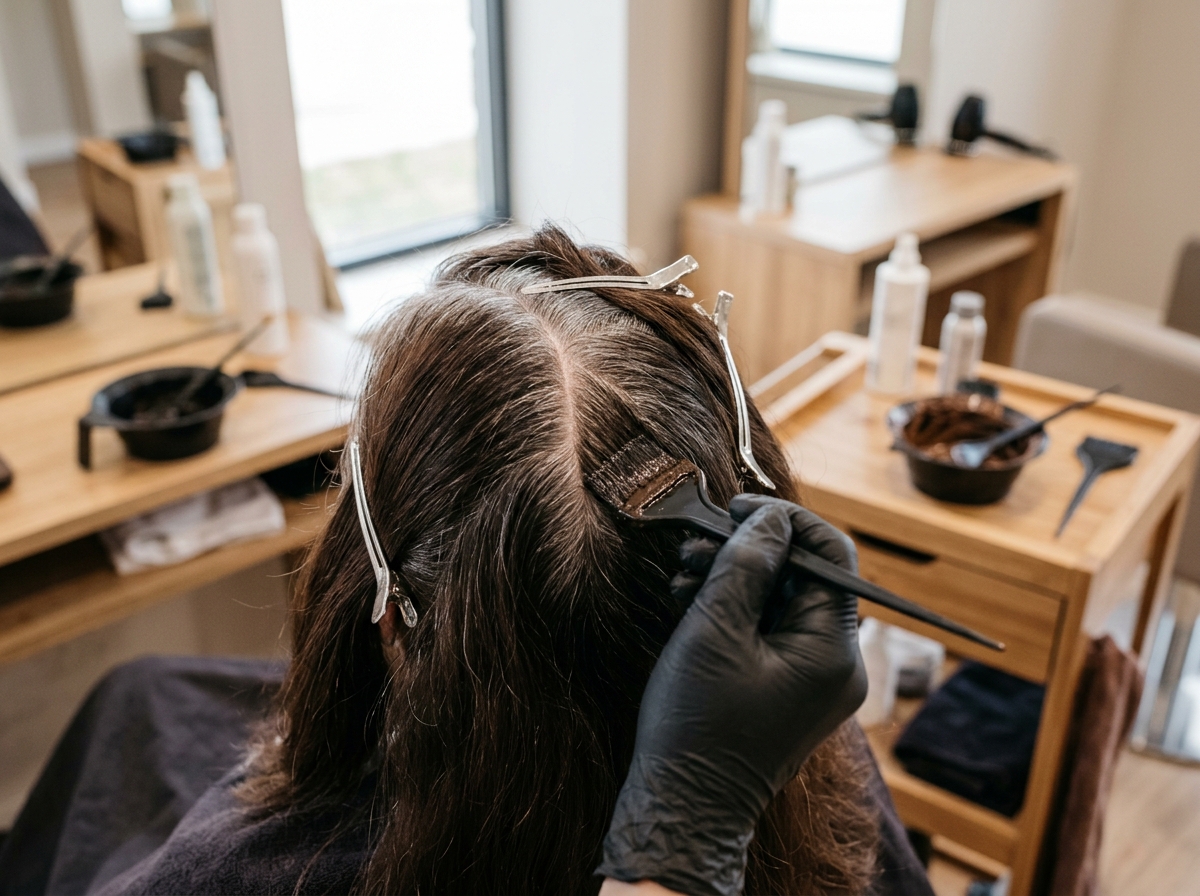 Eine behandschuhte Hand trägt mit einem schmalen Pinsel braune Farbe punktgenau auf den Nachwuchs am Scheitel auf, die gefärbten Längen bleiben unberührt