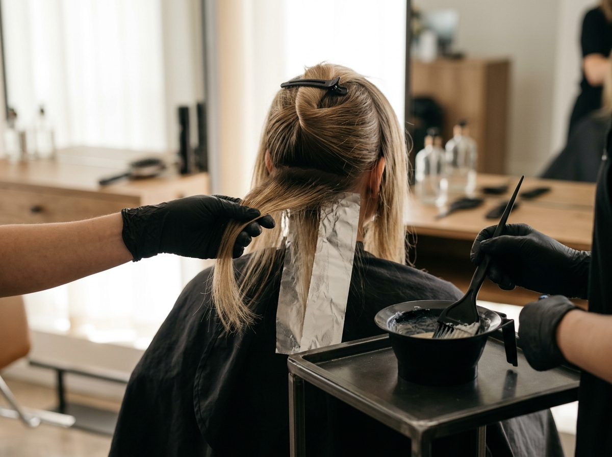 Behandschuhte Hände heben im Nacken eine einzelne Haarsträhne für den Test an, daneben Folie, Pinsel und Farbschale