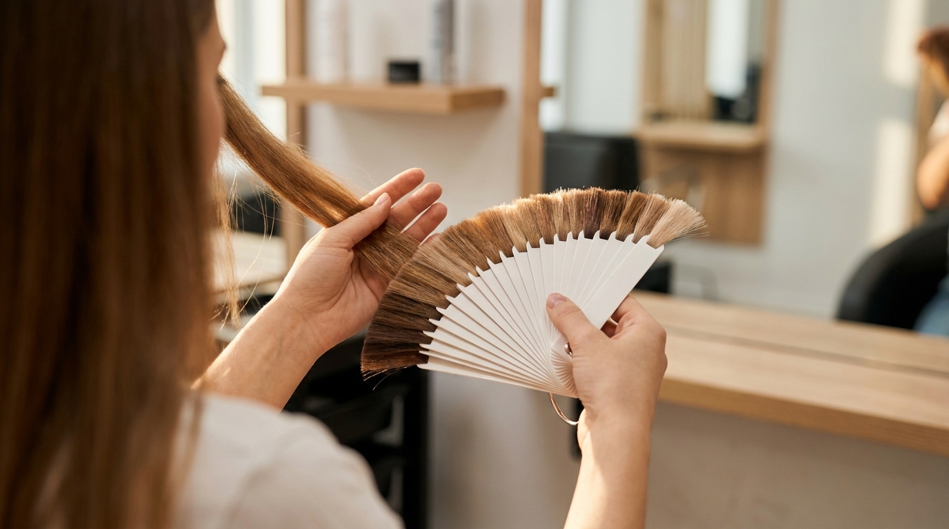 Hände vergleichen einen Fächer mit Haarfarbsträhnen neben einer hellbraunen Haarsträhne