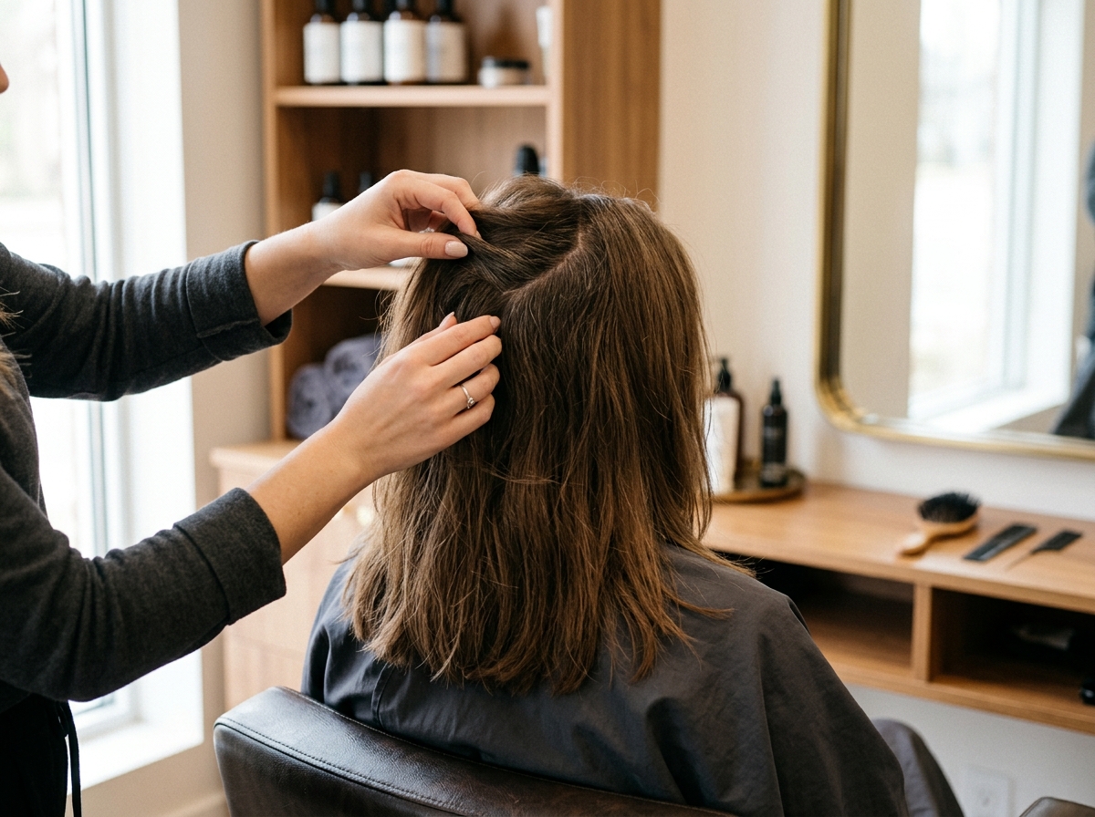 Hände einer Friseurin teilen am Oberkopf das trockene Haar einer Kundin, um Wirbel, Wuchsrichtung und Ansatz zu prüfen, Kundin von hinten im hellen Salon