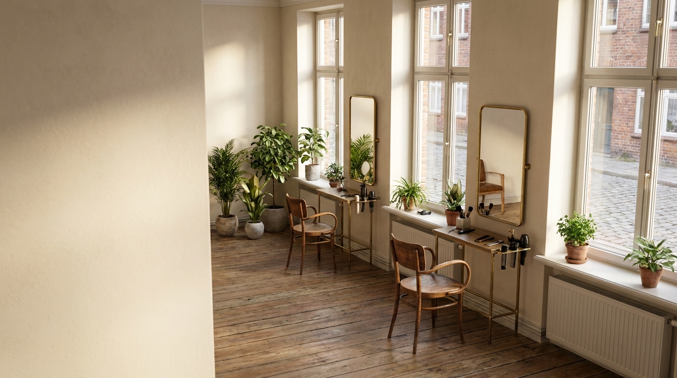 Hair salon with three workstations, brass mirrors and wooden floorboards in front of tall sash windows