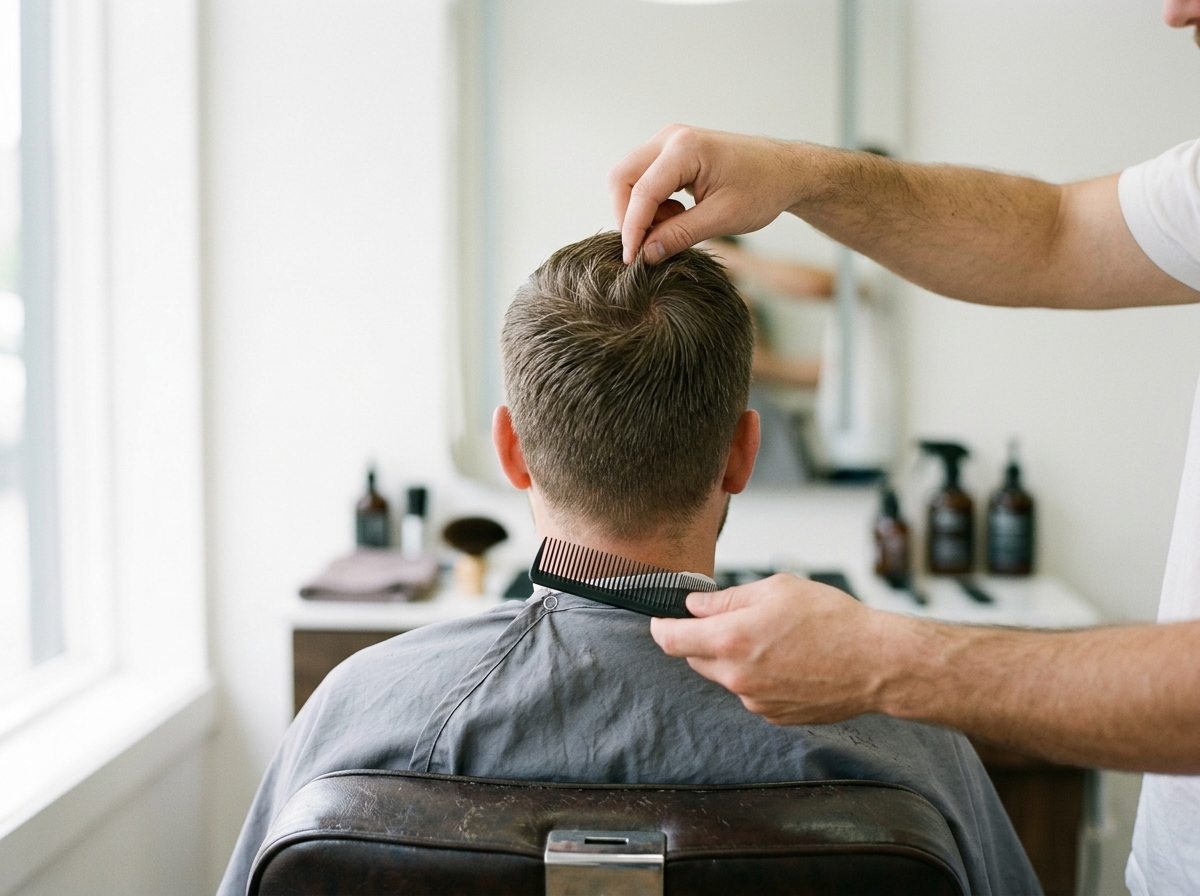 A hairdresser lifts the short hair on top of a man's head to check the crown whorl and growth direction, view from behind in a bright salon