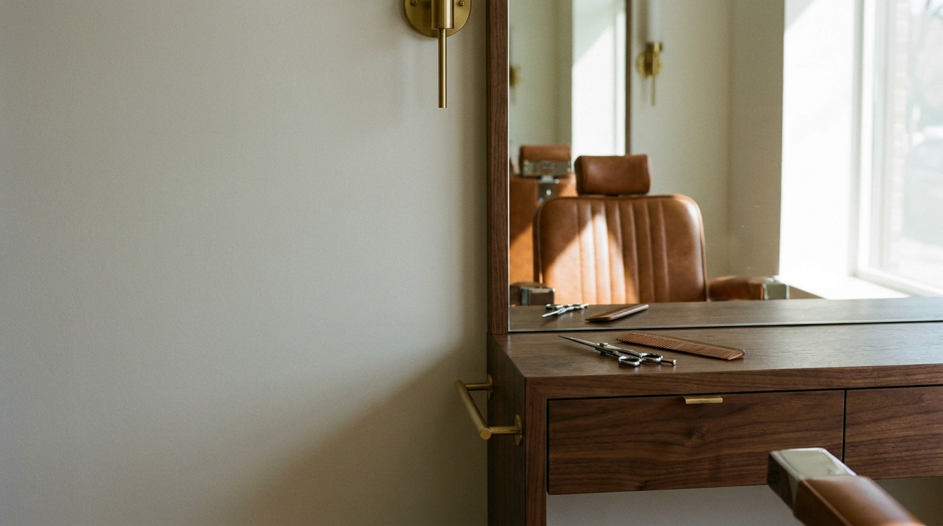 Styling station in a hair salon with scissors and comb on a wooden shelf in front of a mirror