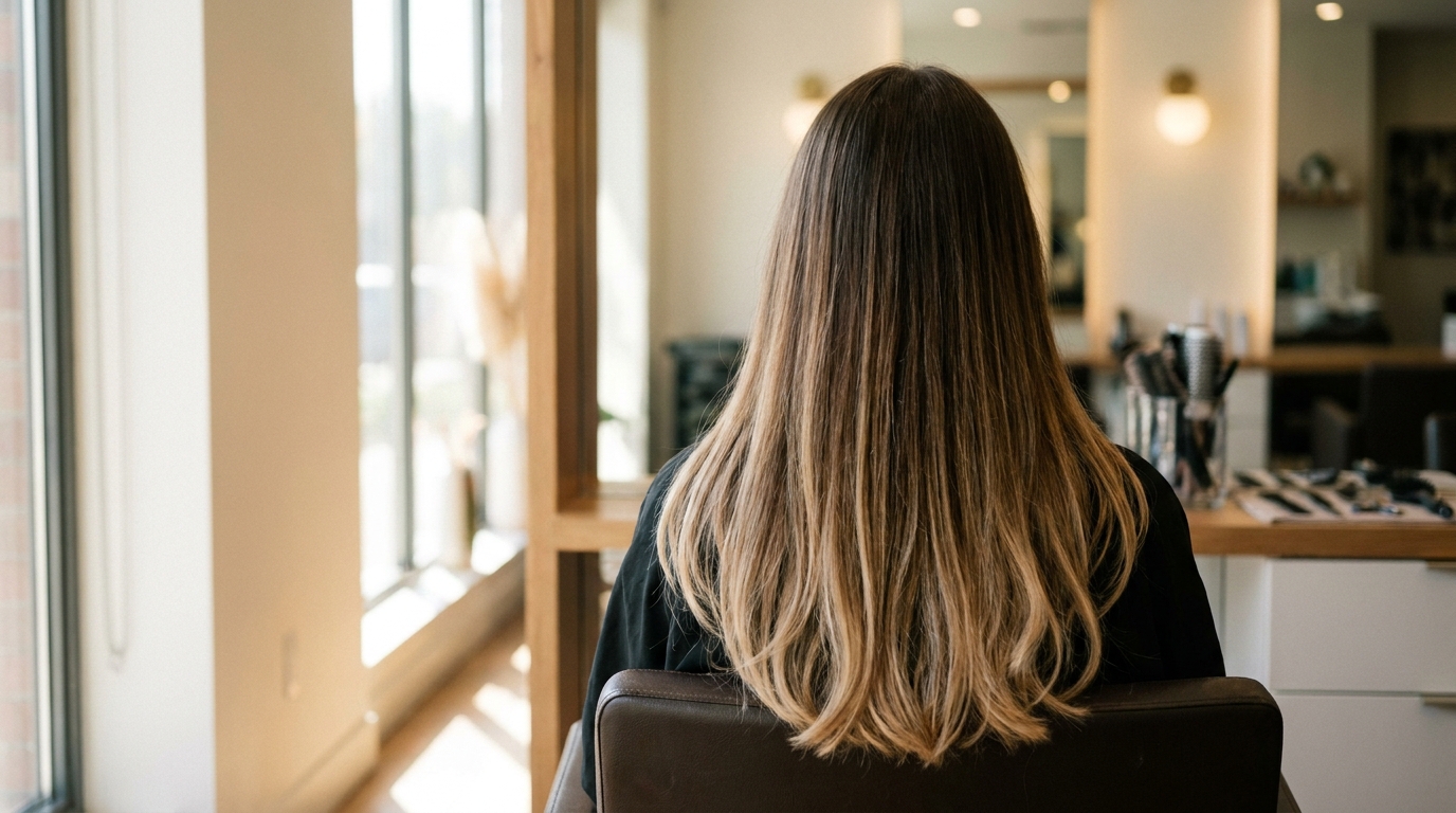 Lange dunkelblonde Haare von hinten mit weich aufgehellten Spitzen im Tageslicht eines Friseursalons