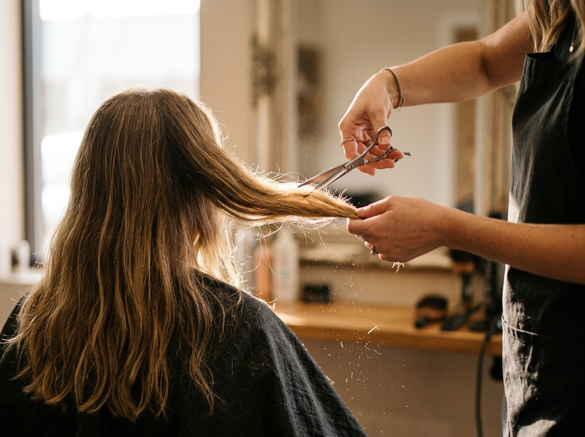 Hände halten eine Haarsträhne und schneiden sie mit einer Schere, im Hintergrund unscharf der Salon