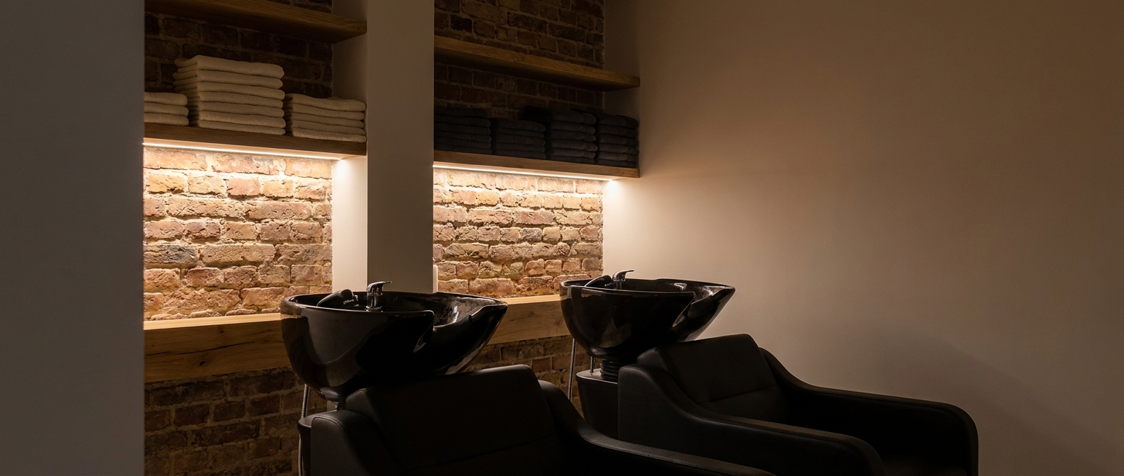Wash area with two reclining chairs and dark basins against a brick wall in warm light
